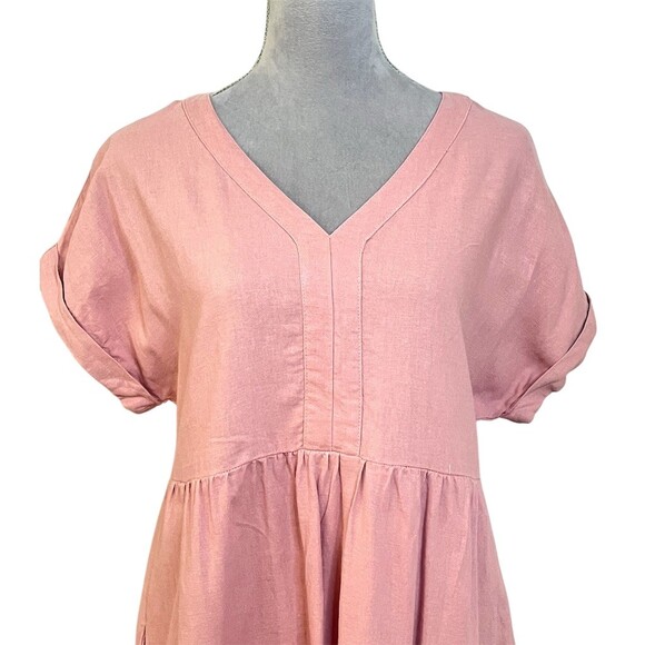 Women’s Linen Blend Midi Shift Dress M Pink V-Neck Pockets Spring Summer Beach - Picture 2 of 10